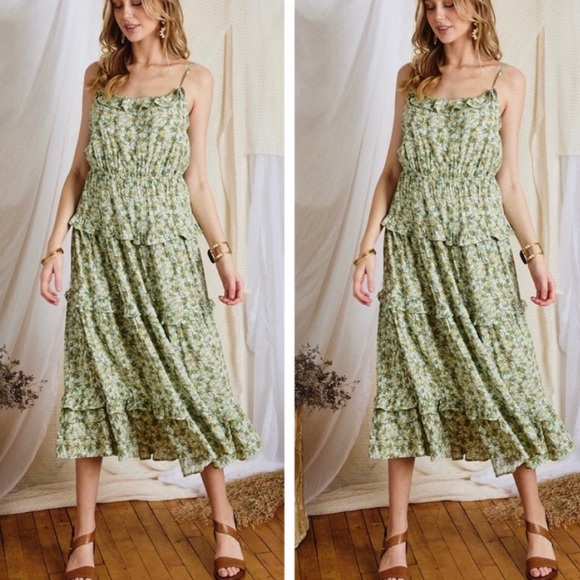 New! Clearance 🔥Sage Floral Tiered Ruffle Adjustable Spaghetti Strap Maxi Dress - Picture 4 of 7